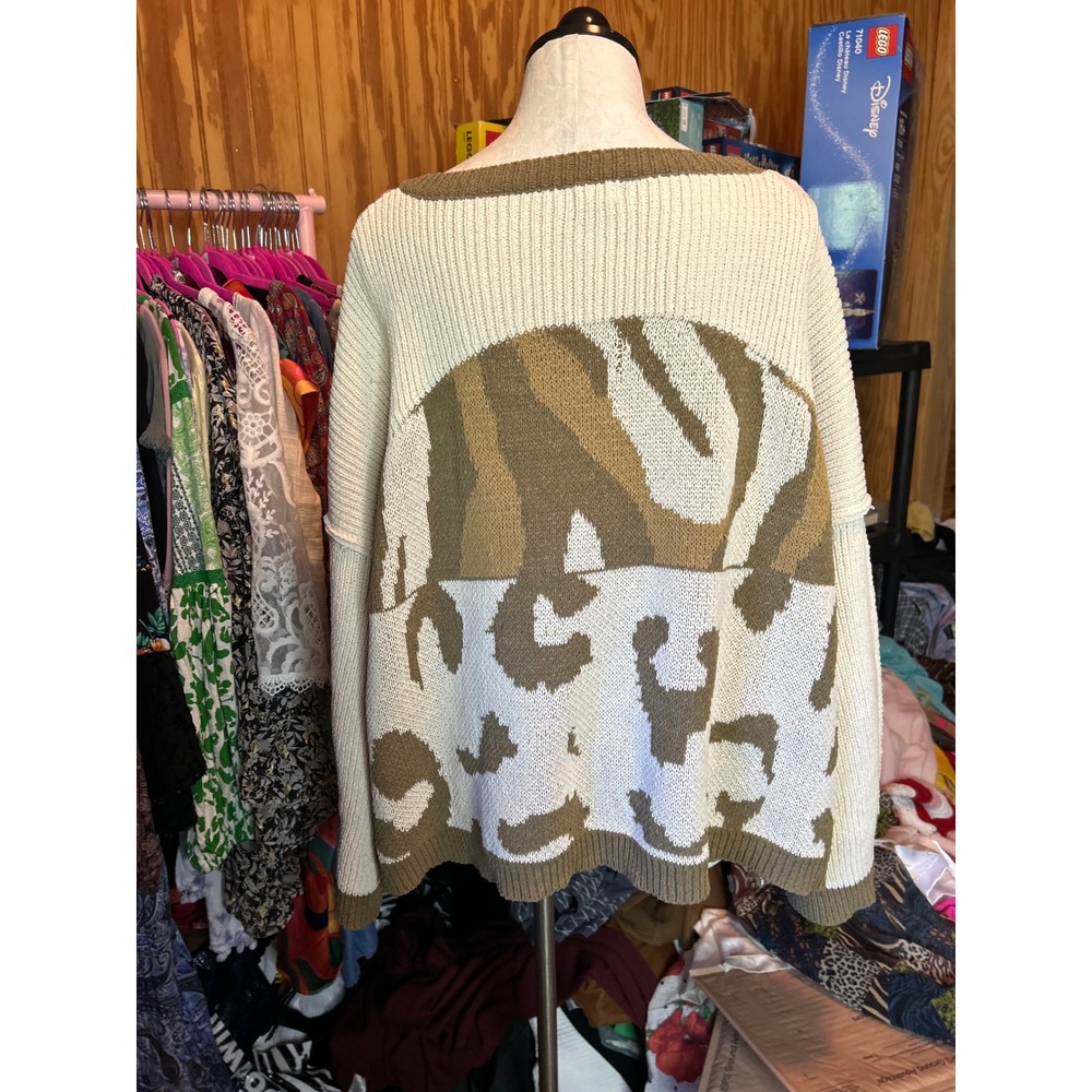 POL Boho Animal Print Oversized Knit Sweater Olive Cream‎ Boho Slouchy Sz L - Picture 9 of 10